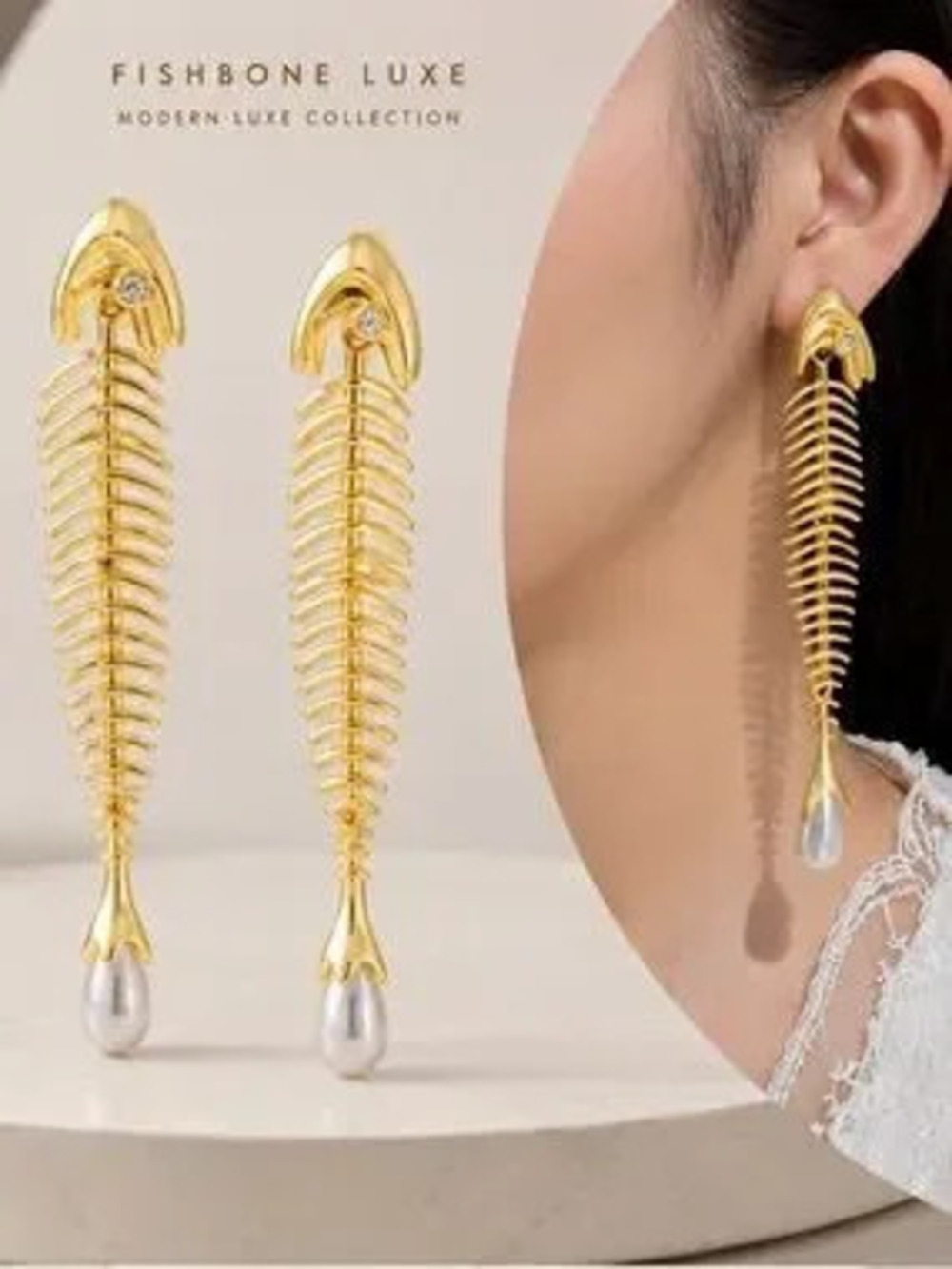 Artisan Gold Fishbone Pearl Drop Earrings | Coastal Luxe Mermaid Core Jewelry
